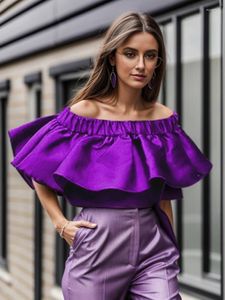 Blusas de mujer, pulóveres morados, Tops para mujer con hombros descubiertos, volantes brillantes, blusa de satén de calle, camisas elegantes para eventos de cóctel de noche