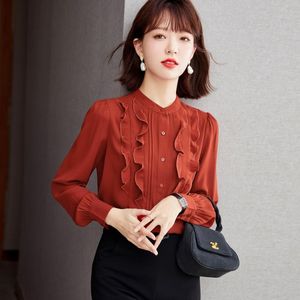 Chemisiers pour femmes Real S chemises coréennes de haute qualité chemise en mousseline de soie à volants femmes à manches longues col montant haut