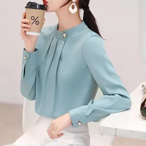 Blouses pour femmes Ruffled Elegant Chic Stand Collar Bureau Lady Shirt Corée Fashion Solide Solide Business Casual Top Blouse Women E739