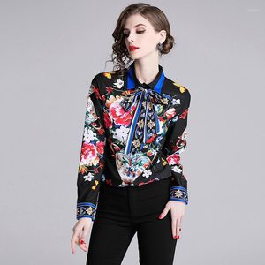 Chemisiers pour femmes Piste Designer Élégant Été Automne Femmes À Manches Longues Vintage En Mousseline De Soie Fleur Imprimé Géométrique Chemise Mode Tops