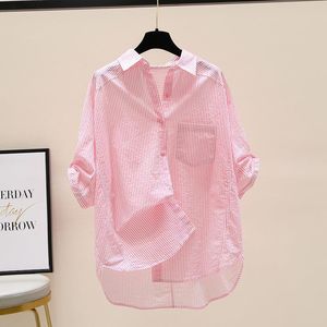 Chemisiers pour femmes chemises coton rose rayé femmes été 2022 conception poche ample demi manches élégant femme vêtements d'extérieur manteaux hauts femmes