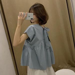 Chemisiers pour femmes Chemises Mignon O Cou À Volants À Manches Courtes Tops D'été Blanc Jaune Bleu Chemisier Femmes Taille Haute Coréen Élégant Peplum Kawaii Chemise De Vacances 230510