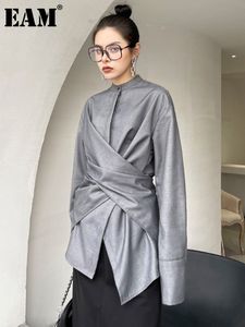 Chemisiers pour femmes Chemises EAM Femmes Gris Noeud Irrégulier Grande Taille Blouse Col Montant À Manches Longues Coupe Ample Chemise Mode Printemps Automne 1DD58110 230705