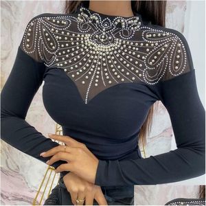 Blouses pour femmes Chemises élégantes à col en U Chemise en diamant Plover Office Lady Sexy Fashion Blouse Skinny Printemps Manches longues Femmes Tops BL Dhkvz