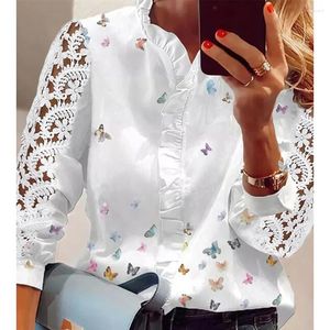 Blusas de mujer Camisas Moda Elegante Manga larga Estampado de mariposas Oficina Señora Top Blanco Mujeres con volantes Blusa ahuecada Ropa femenina