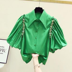 Blusas de mujer Camisas Moda Vintage Blusa arrugada Manga farol Rhinestone Verde Irregular Camisa de un solo pecho Mujer Verano TopsWome