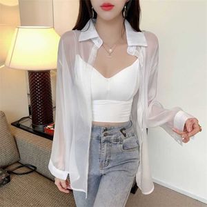 Blusas de mujer Camisas HOUZHOU Blusa transparente Verano 2021 Manga larga Blanco Rosa Verde Camisas con botones Mujeres Y2k Moda coreana Cardigan Sheer Top Y2303