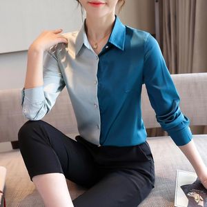 Blusas de mujer Camisas Seda coreana Mujeres Manga larga Satén OL Elegante Mujer Patchwok Blusa Office Lady Shirt XXL Tops para mujer TopsMujeres