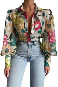 Estampado de manga larga Puff camisa de mujer elegante con cuello en V Floral Oficina mujeres camisas Primavera Verano moda señoras Tops blusas