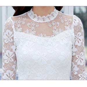Camisas de blusas para mujeres S-5XL BLUSIÓN DE LACA 2021 Mujeres Elegantes Crochet Blanco Crochet Long Manga Chemise Femme Tops B803