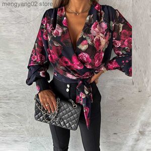 Blusas de mujer Camisas Primavera Sexy con cuello en V Vendaje Túnica Estampado de gasa Top Mujer Sólido Delgado Camisas de viajero Casual Suelto Barato Manga larga Blusas de playa T230508