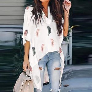 Blusas de mujer, camisas de verano informales a la moda con cuello en V, Top holgado de manga murciélago, camisa irregular larga delantera y trasera corta para mujer