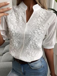 Women's Blouses Shirts Summer Floral Embroidery Lace Blouse Women Hollow-out Stand Collar V Neck Casual Shirt Elegant Short Sleeve Cotton Tops 24350 231026