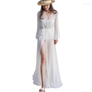 Blusas de mujer Camisas Verano Mujer Manga completa Maxi Pure White Kimono Beach Plus Gasa larga