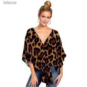 Chemisiers pour femmes Chemises en gros de mode femmes imprimé léopard floral chemises d'été élégant col en v profond femme chemisier manches sexy dame à lacets chemise hauts YQ240118