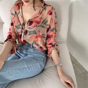 Blusas de mujer Camisas Blusa de mujer Moda de verano Turn-down Collar Floral Chifón Camisa de manga larga Tallas grandes Tops Rosa Púrpura Blusa