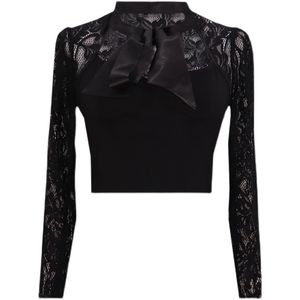 Camisa de encaje para mujer, Blusa negra de manga larga con perspectiva de vendaje profundo y cuello en V, Blusa informal elegante para mujer, Blusa coreana