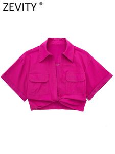 Chemises de chemisiers pour femmes Zevity Femmes Poches de style safari Patch noued Linage court choux de blouse Lady chic