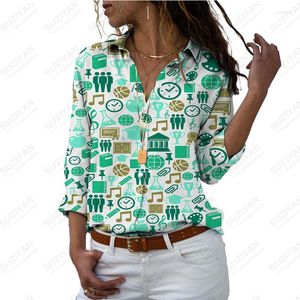 Blusas de mujer primavera otoño 2023 moda sólido lunares cuadros 3D camisa estampada botón Polo cuello manga larga Top Vintage