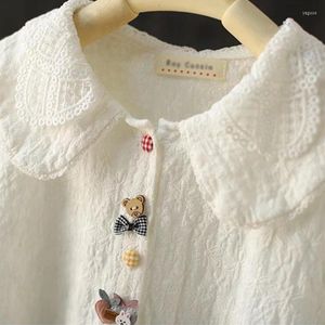 Women's Blouses Spring Autumn Bud Silk Cotton Shirt Women White Color Long Sleeve Double Layer Collar Embroidery Cartoon Button Blosue Tops