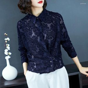 Blouses pour femmes printemps coréen femmes 5xl 6xl manches chauve-souris dentelle noire en mousseline de soie et hauts chemise dames chemises amples avec colloars