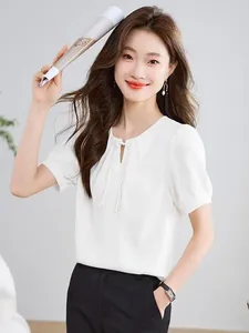 Blouses de femmes Summer Chinois Femmes Perle blanche Bouton plissé