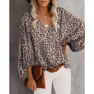 Blusas de mujer Blusa de verano con estampado floral Mujeres con cuello en V Manga larga de linterna Sun Flower Casual Tops Office Lady Túnica suelta