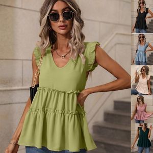 Blusas de mujer Camisa de verano Dobladillo de encaje Costura Chaleco sólido Top Mujeres Peplum Tela sin mangas Casual Oficina Tops para la escuela diaria