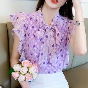 Blusas de verano para mujer, blusa de gasa morada con temperamento, blusa de oficina para mujer, lazo con cordones para mujer, coreana, sin mangas, informal, holgada para mujer 2022