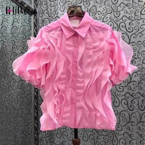 Blouses de femmes Summer Femmes Sweet Casual Pink Half Puff Sleeve Shirt Korean Style Female Slim Calers Ruffles Shirts Blouse Solid Top
