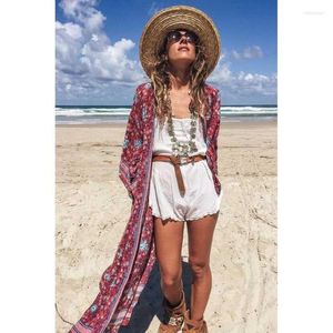 Blusas de mujer Super Chic Vino Kimono Manga Robe Kaftan Estampado floral Boho Cardigan Sexy Side Slits Gypsy Beach Summer Long Women Blusa