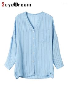 Blouses Femmes SuyaDream Femmes Chemises rayées Soie Crêpe De Chine Col V Bleu Chic 2023 Printemps Été Haut Ample
