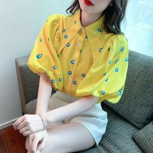 Chemisiers pour femmes col à revers doux dames chemisier boutonné jaune femmes manches bouffantes hauts d'été mignon mode femme chemises coréennes Blusas