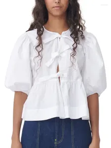 Blouses pour femmes Sweet Short Puff Sleeve Shirt Top pour femmes Solid Bow Lace Up Loose Plissé Chemises recadrées 2024 Printemps Été Lady Casual