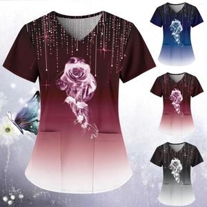 Chemisiers pour femmes t-shirts minces femmes mode impression à manches courtes avec poches col en V chemisier hauts tortue haut pour Pack