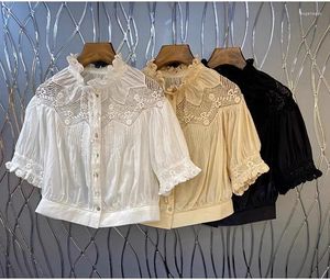 Blouses pour femmes Tops Fashion Designer 2024 Été Sexy Crop Crop Ladies Lace Lacers Short Sleeve Blanc Abricot Black Cotton Top