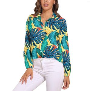 Blusas de mujer, blusa de hojas tropicales, amarillo limón, bonito patrón, camisa clásica de manga larga para mujer, Tops de verano de gran tamaño