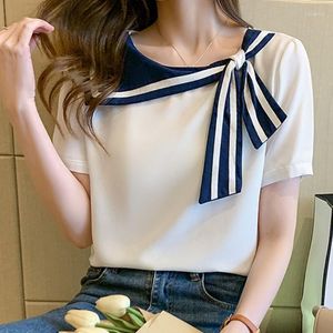 Blusas de mujer Vintage Oficina Blusa de gasa para mujer 2023 Estilo marinero elegante manga corta Casual coreano mujeres Top suelto