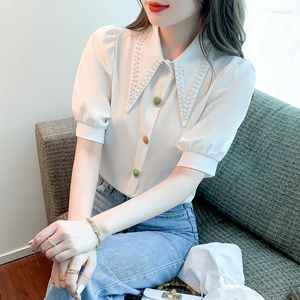 Blusas de mujer Blusa blanca Manga farol Rebordear Cuello en punta Camisa Mujer 2023 Diseño de verano Chic Botones de colores Tops