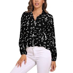 Blusas de mujer, blusa blanca con notas musicales, estampado digno de nota, diseño Vintage, camisa clásica de manga larga para mujer, Top de gran tamaño de otoño