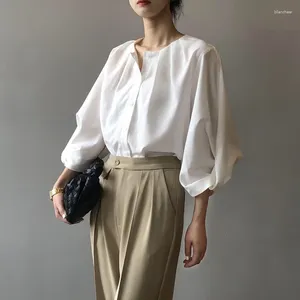 Blusas de mujer Mujeres blancas Primavera Camisas con mangas de linterna Coreano Simple Suelto Cuello redondo Ropa de estilo urbano Caqui Capa plisada Tops