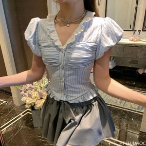 Blouses pour femmes Femme Mignon Sweet Girls Japon Corée Rétro Vintage Volants Peplum Tunique Blanc Dentelle Top Blusas Manches Bouffantes Bouton Chemises