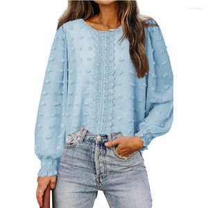 Blusas de mujer Top de gasa 2023 Primavera Verano cuello redondo manga de hoja de loto pulóver suelta Casual piel bola encaje moda camisa