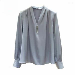 Blusas de mujer Primavera Otoño Estilo Blusa de gasa Camisa con cuello en V Remache Grano Manga larga Color sólido Casual Tops SP1112