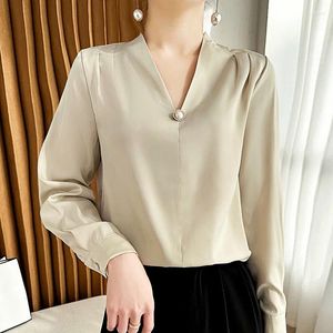 Blouses pour femmes Fashion Fashion Elegant Silk Blouse à manches longues V-Cold Casual Casual Temperament Spring Summer Femme Inlaid Pearl Buckle Top