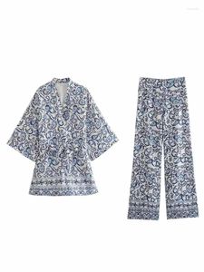 Blouses pour femmes femmes mode lin imprimé Kimono Style ample Vintage à manches longues à lacets femmes chemises Chic hauts 4745/024