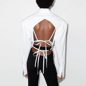 Blouses Femmes Femmes Chemise à manches longues Blanc Halter Top Femelle Européenne et Américaine Minorité Design Sense Commuting Taille Sangle Épaule