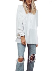 Blusas de mujer Camisas con botones de talla grande para mujer Blusa blanca de manga larga con cuello en V Túnica elegante Tops altos y bajos