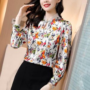 Blusas de mujer Camisas de mujer Estilo chino Camisa vintage de mujer Elegent Mandarin Collar Manga larga Estampado floral Tops Mujer Natural