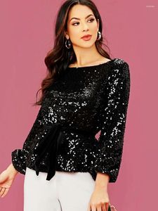 Blouses Femmes Femmes Sequin Blouse T-shirt Plissé À Manches Longues O Cou Soirée Slim Femme Vêtements Night Club Mode Élégant Tops